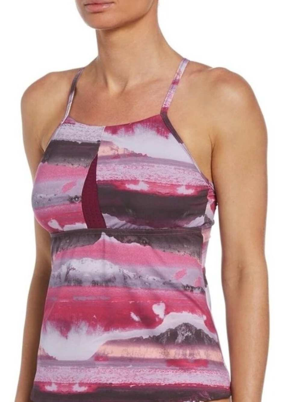 Nike Women's Pink and Gray Printed Tankini Swim Top & black bikini bottoms